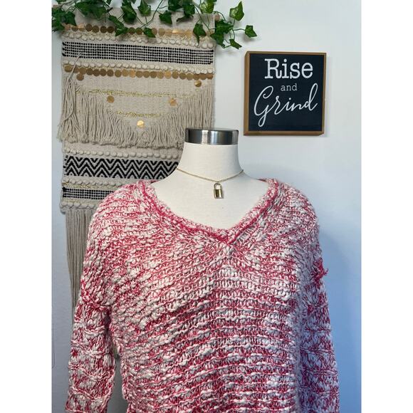 Free People Womans Stretchy Red & Cream V Neck Knit Sweater Top M - Picture 10 of 11